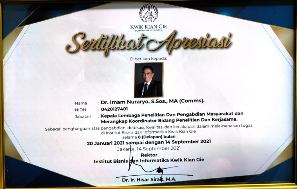 Sertifikat Apresiasi Kepala LPPM